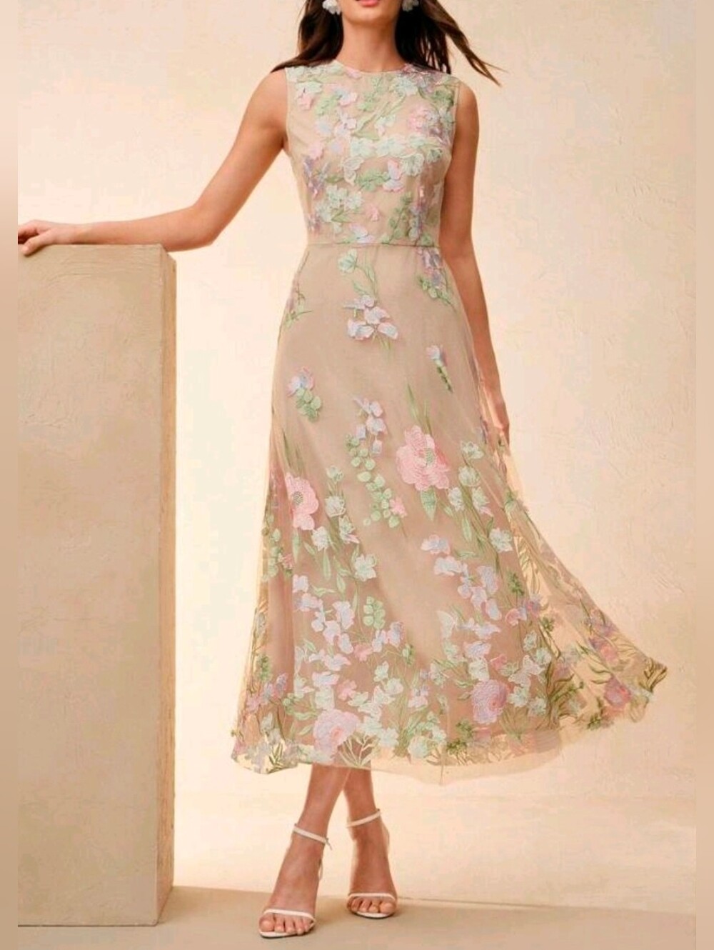 New Luxe Embroidered Floral Mesh Sleeveless A Line Midi Dress Pink Tan Beige
